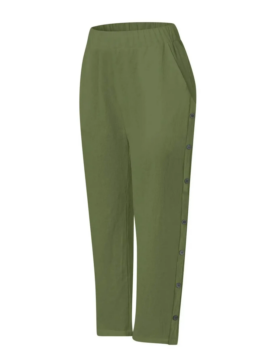 Olive green pants with button detailing on sides by Babe Beachwear for women's casual white vacation pants