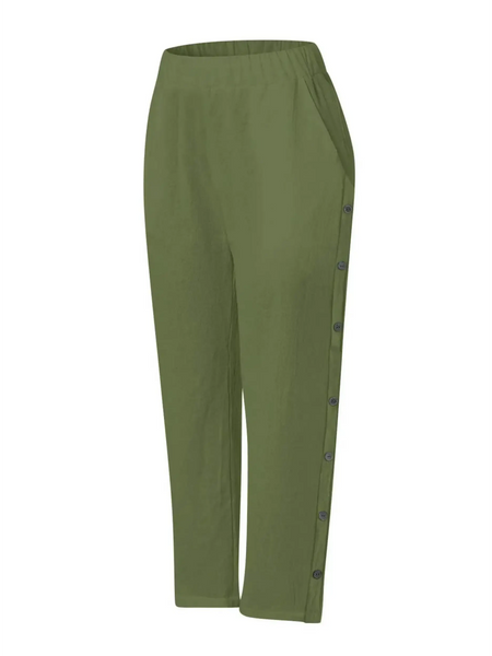 Olive green pants with button detailing on sides by Babe Beachwear for women's casual white vacation pants