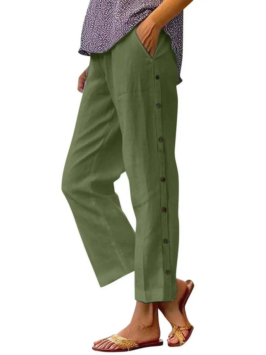 Babe Beachwear women's casual white vacation pants styled in olive green with side buttons and pockets