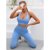 Trendsi women's compression leggings set in light blue with racerback sports bra and high-waisted leggings