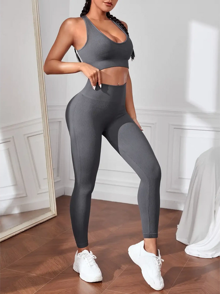 Trendsi women's compression leggings set in gray with matching sports bra and white sneakers