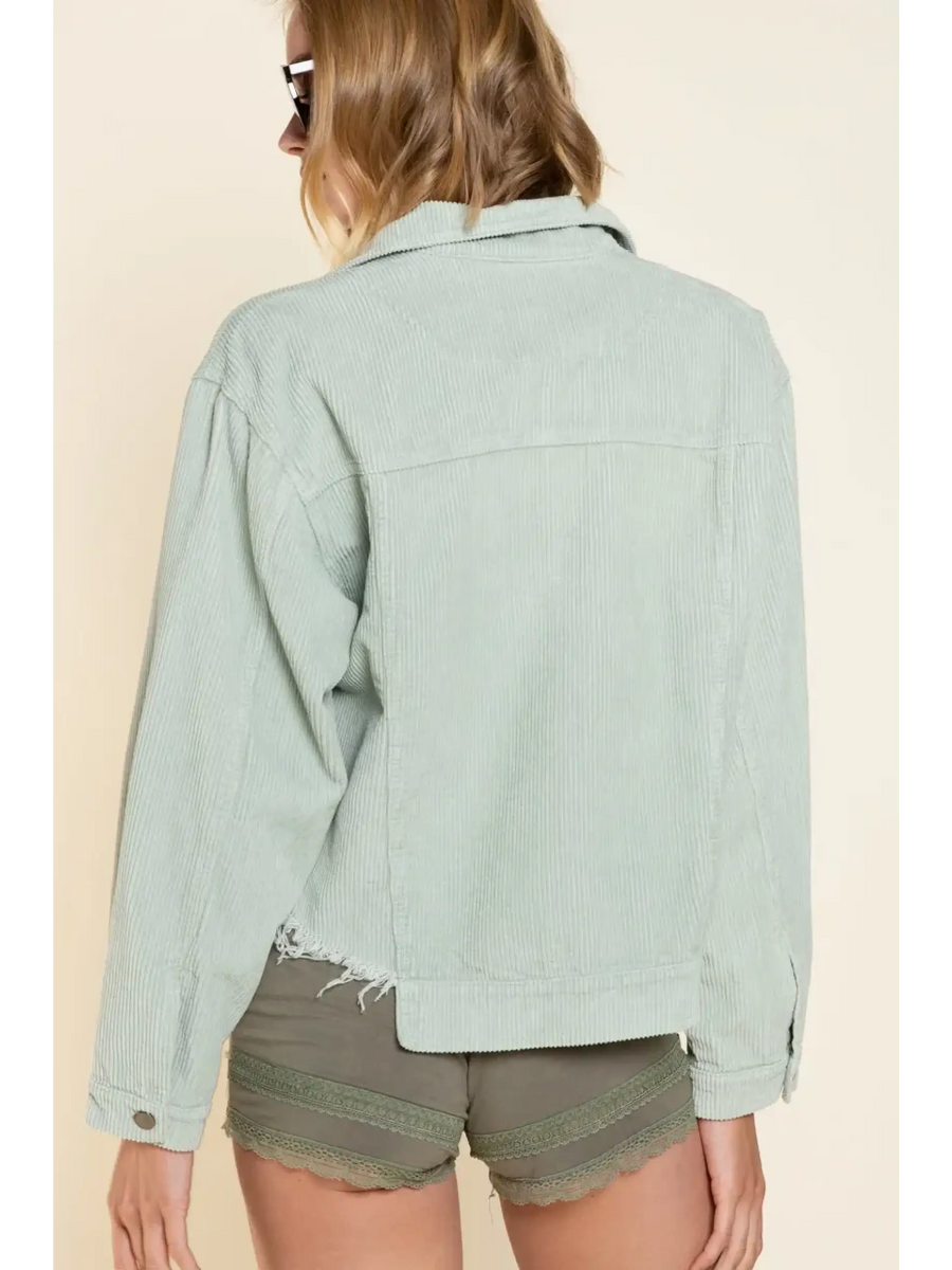 Beachy women's corduroy trucker jacket in light green with long sleeves and raw hem detailing