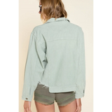 Beachy women's corduroy trucker jacket in light green with long sleeves and raw hem detailing