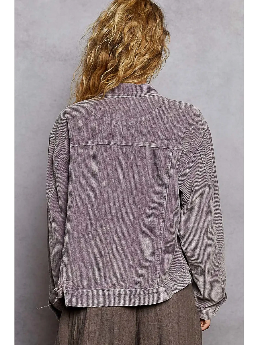 Back view of women's corduroy trucker jacket in faded purple by Babe Beachwear