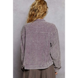Back view of women's corduroy trucker jacket in faded purple by Babe Beachwear
