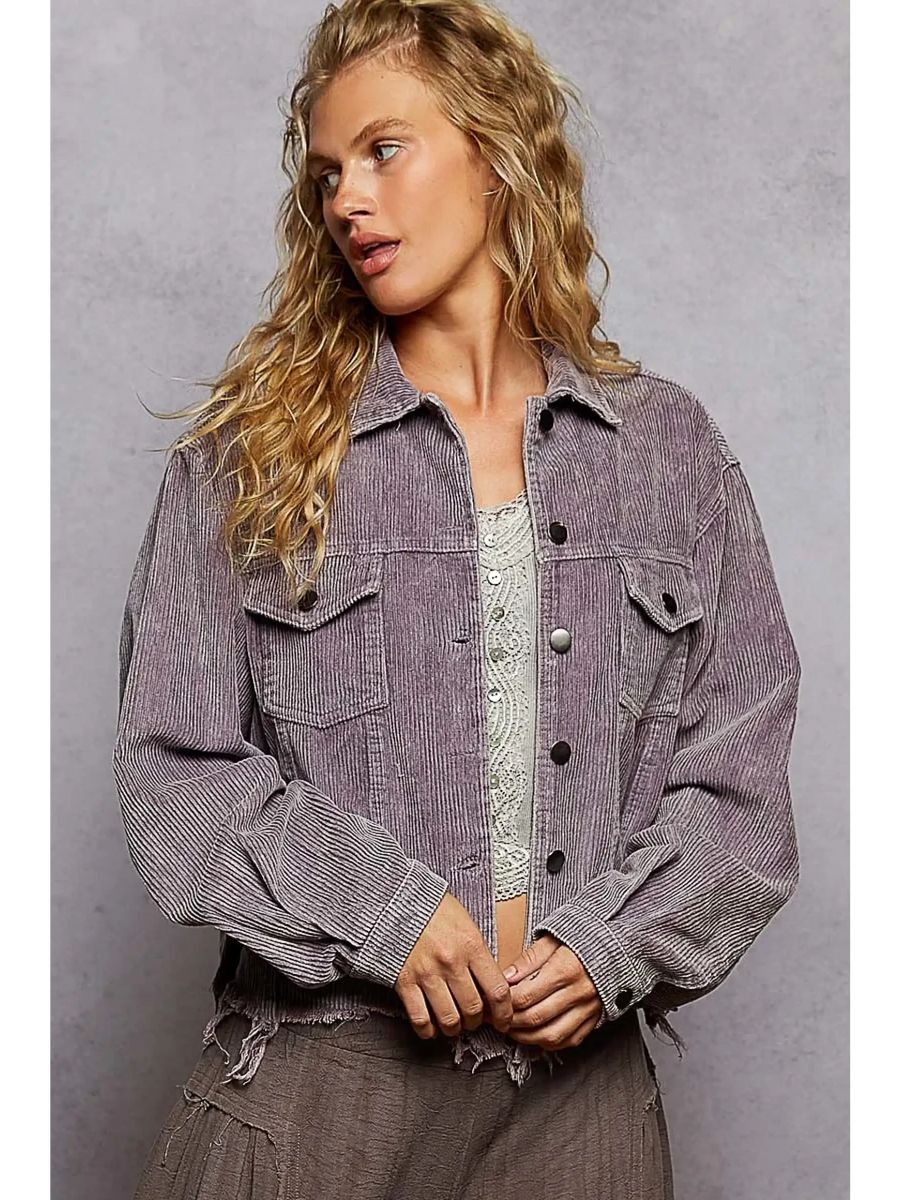 Babe Beachwear women's corduroy trucker jacket in purple with button front and flap pockets