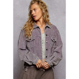 Babe Beachwear women's corduroy trucker jacket in purple with button front and flap pockets