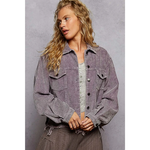Babe Beachwear women's corduroy trucker jacket in purple with button front and flap pockets