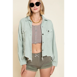 Beachy women's corduroy trucker jacket in light green with raw hem and button front