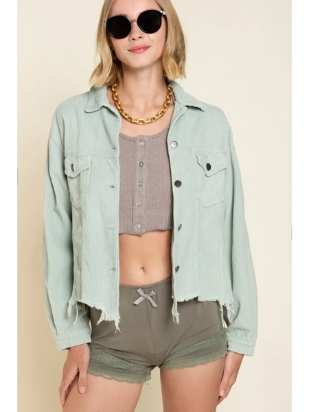 Beachy women's corduroy trucker jacket in light green with raw hem and button front