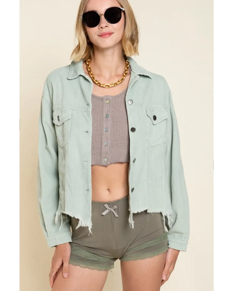 Beachy women's corduroy trucker jacket in light green with raw hem and button front