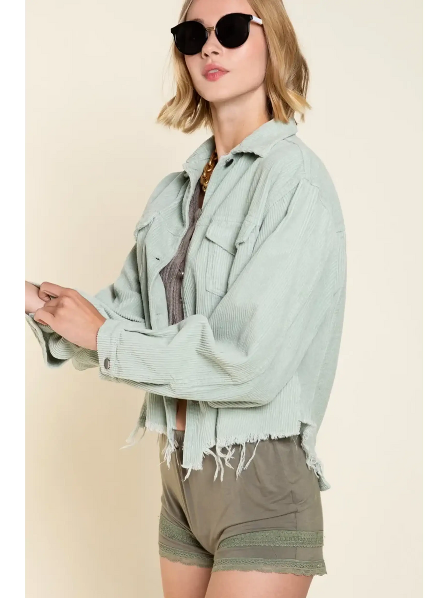 Beachyi women's corduroy trucker jacket in light green with frayed hem and long sleeves