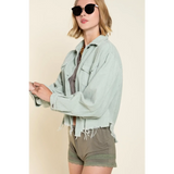Beachyi women's corduroy trucker jacket in light green with frayed hem and long sleeves