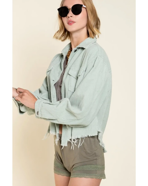 Beachyi women's corduroy trucker jacket in light green with frayed hem and long sleeves