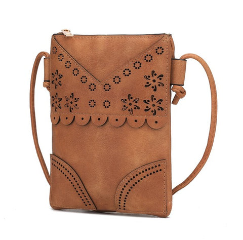 MKF Collection by Mia K women's crossbody beach bag in brown with floral cutout design and adjustable strap