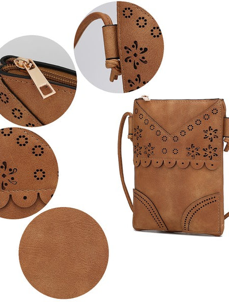 MKF Collection women's crossbody beach bag in brown with floral cutout design and adjustable strap