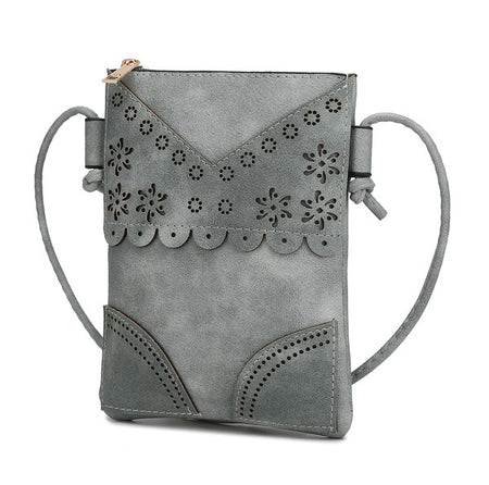 MKF Collection women's crossbody beach bag in gray with floral cutout design and adjustable strap