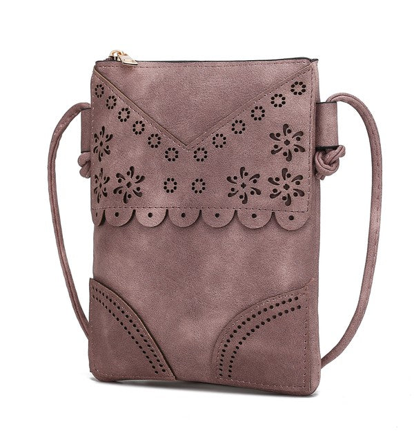 MKF Collection by Mia K women's crossbody beach bag in mauve with decorative floral cutouts and adjustable strap