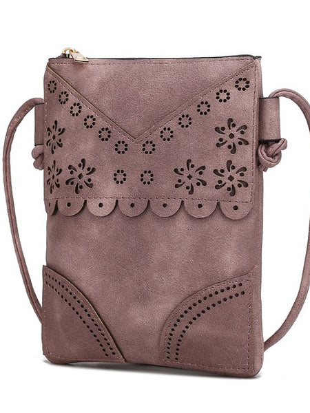 MKF Collection by Mia K women's crossbody beach bag in mauve with decorative floral cutouts and adjustable strap