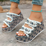 Babe Beachwear women's double buckle sandals with patterned fabric and white trim on a wedge sole