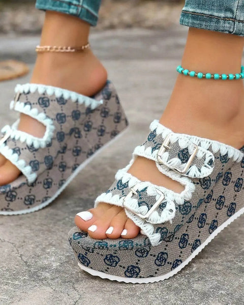 Babe Beachwear women's double buckle sandals with patterned fabric and white trim on a wedge sole
