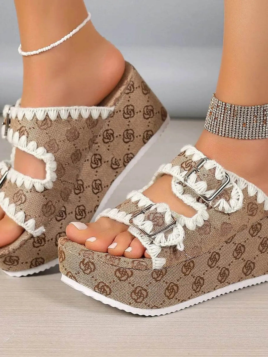 Babe Beachwear women's double buckle sandals with brown patterned wedge platform and white trim