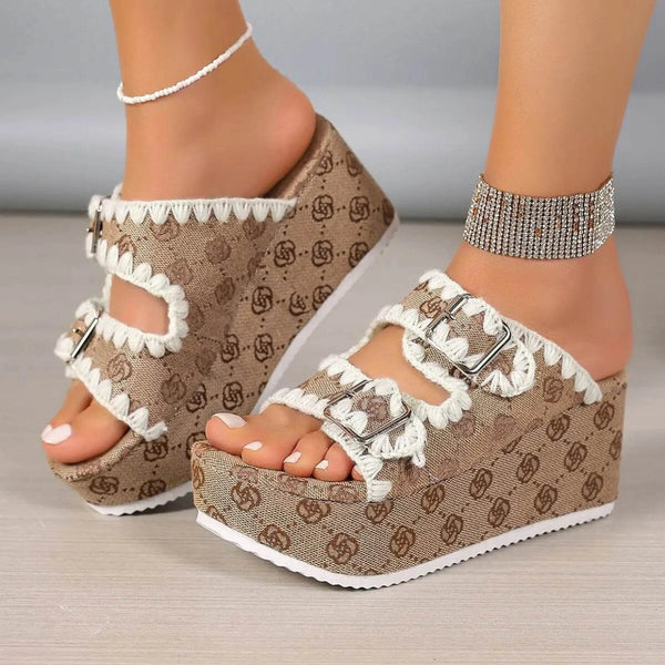 Babe Beachwear women's double buckle sandals with brown patterned wedge platform and white trim