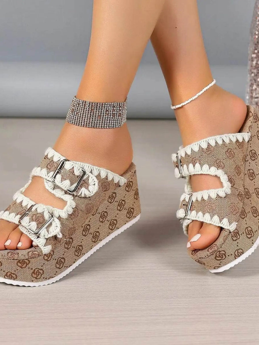 Babe Beachwear women's double buckle sandals with patterned wedge heels and white trim