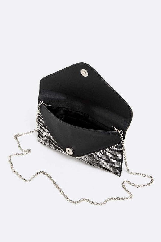 Babe Beachwear women's evening bag with rhinestones and silver chain strap open showing interior