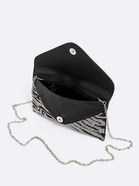 Babe Beachwear women's evening bag with rhinestones and silver chain strap open showing interior