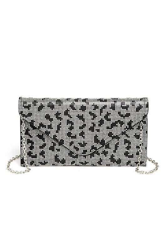 Babe Beachwear women's evening bag with rhinestones featuring black and silver leopard pattern and chain strap