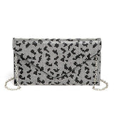 Babe Beachwear women's evening bag with rhinestones featuring black and silver leopard pattern and chain strap