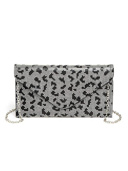 Babe Beachwear women's evening bag with rhinestones featuring black and silver leopard pattern and chain strap