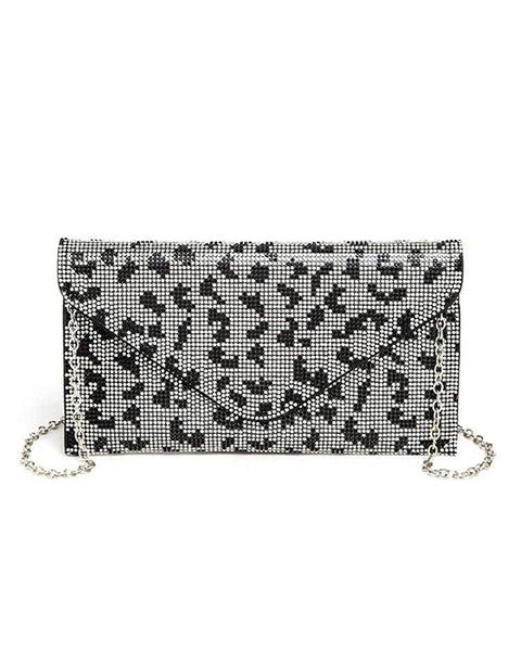 Babe Beachwear women's evening bag with rhinestones featuring black and silver leopard pattern and chain strap