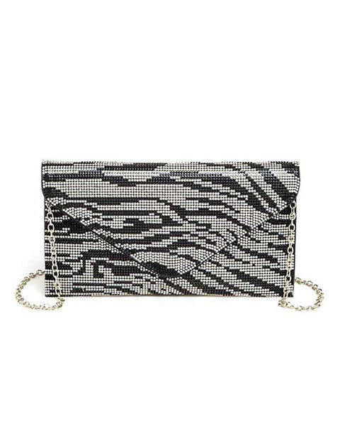 Babe Beachwear women's evening bag with rhinestones in black and silver zebra pattern with chain strap