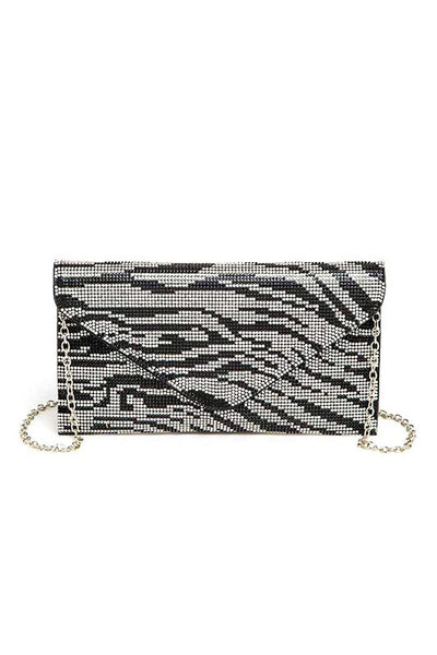 Babe Beachwear women's evening bag with rhinestones in black and silver zebra pattern with chain strap