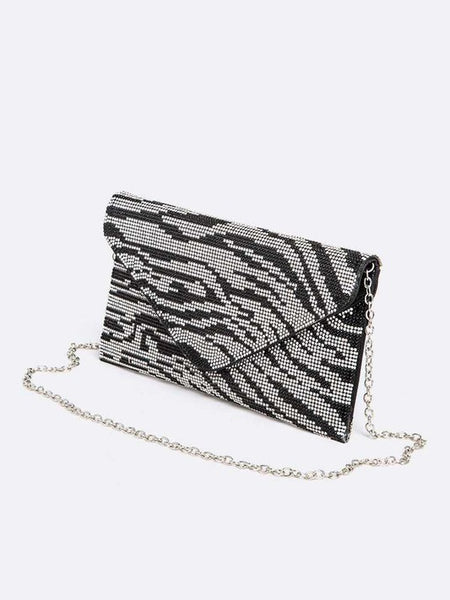 Babe Beachwear women's evening bag with rhinestones featuring a black and silver zebra pattern and chain strap