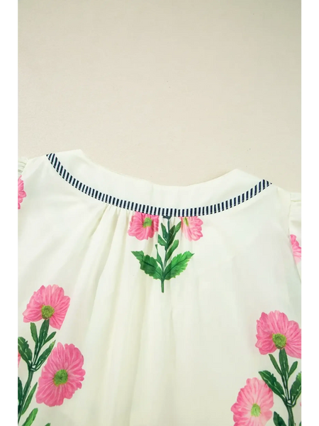 Trendsi women's flutter sleeve vacation dress white midi dress with pink floral print and striped neckline