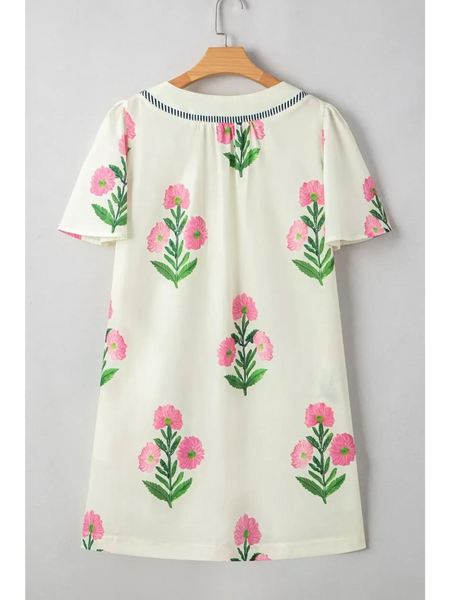 Trendsi women's flutter sleeve vacation dress midi style with pink floral print on white fabric