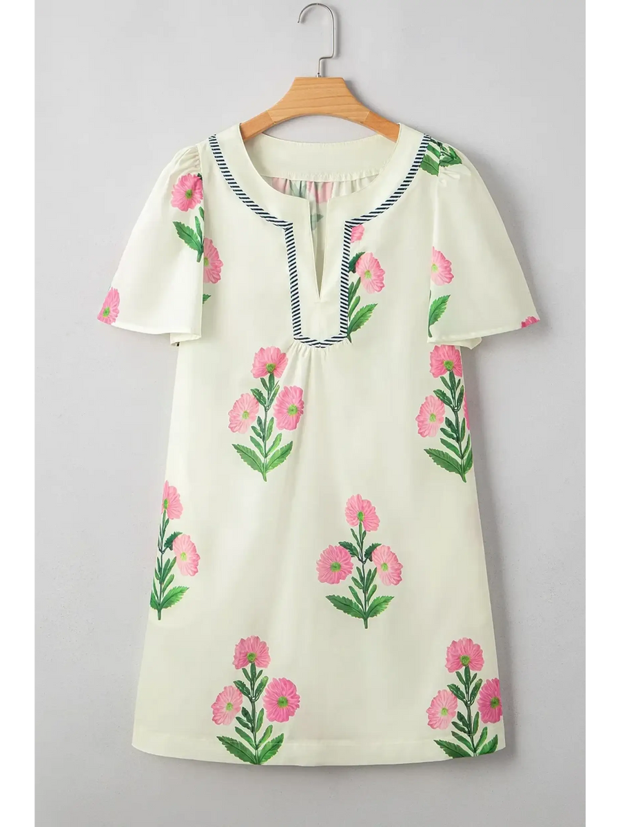 Trendsi women's flutter sleeve vacation dress with pink floral print and embroidered neckline