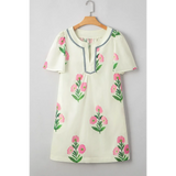 Trendsi women's flutter sleeve vacation dress with pink floral print and embroidered neckline