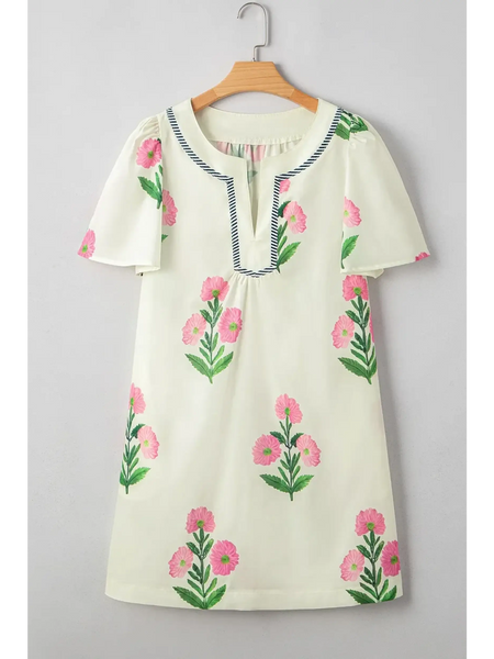 Trendsi women's flutter sleeve vacation dress with pink floral print and embroidered neckline