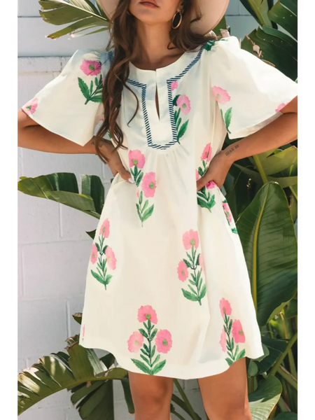 Trendsi women's flutter sleeve vacation dress in white with pink floral embroidery and relaxed fit