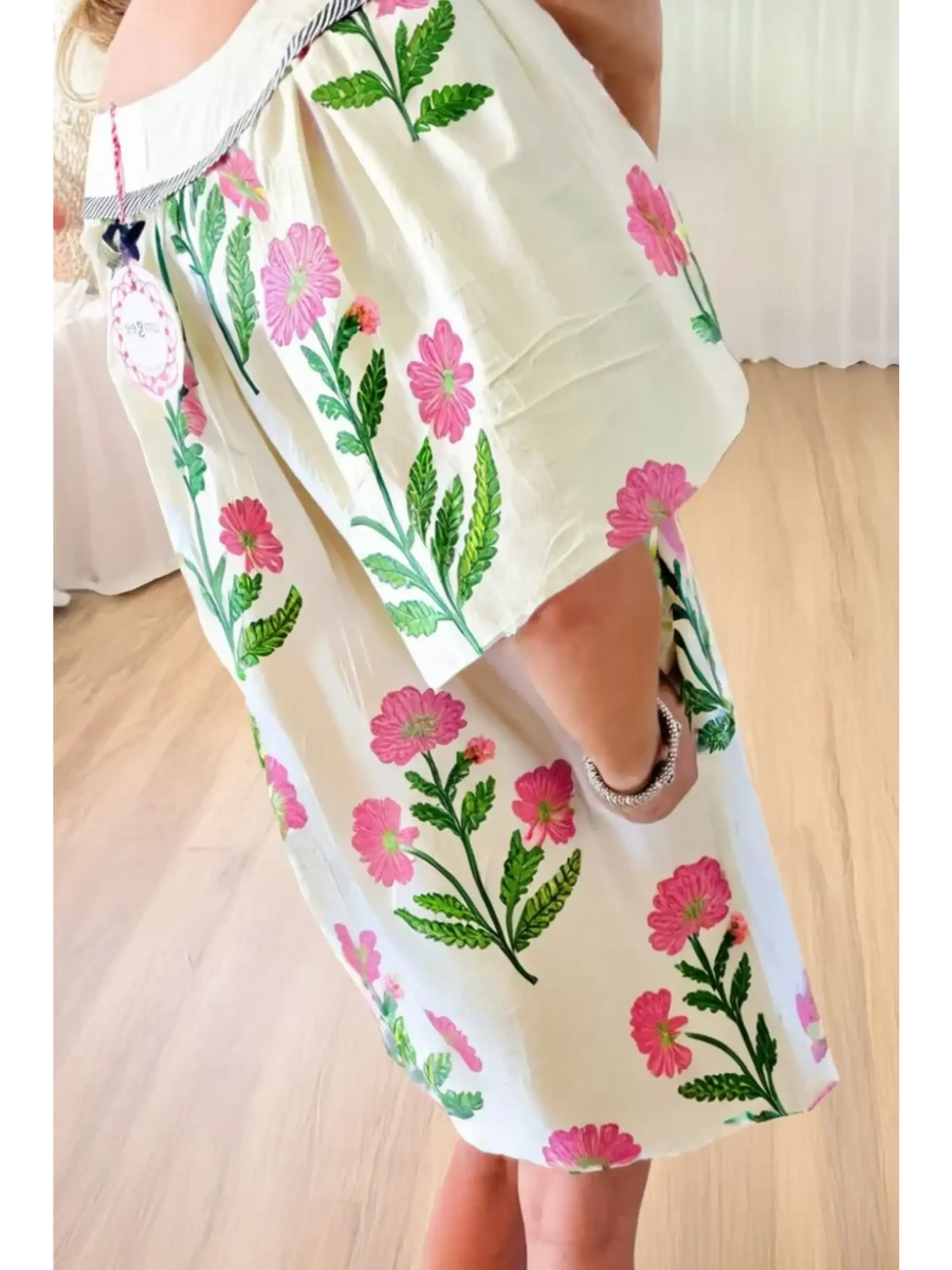 Trendsi women's flutter sleeve vacation dress midi with pink floral print and green leaves