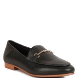 Babe Beachwaer black leather women's horsebit loafers with gold hardware and tan sole