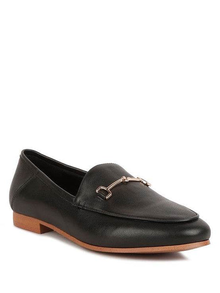 Babe Beachwaer black leather women's horsebit loafers with gold hardware and tan sole