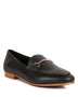 Babe Beachwaer black leather women's horsebit loafers with gold hardware and tan sole