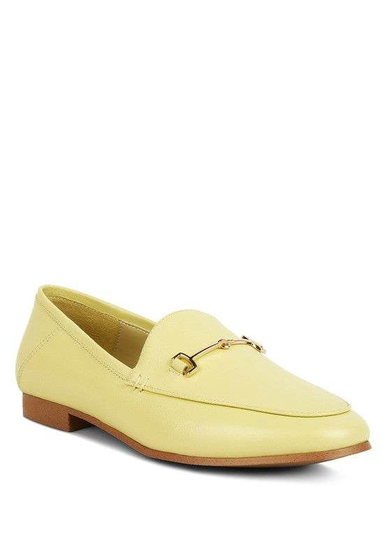 Babe Beachwear women's horsebit loafers in light yellow leather with gold hardware and low heel