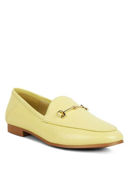 Babe Beachwear women's horsebit loafers in light yellow leather with gold hardware and low heel