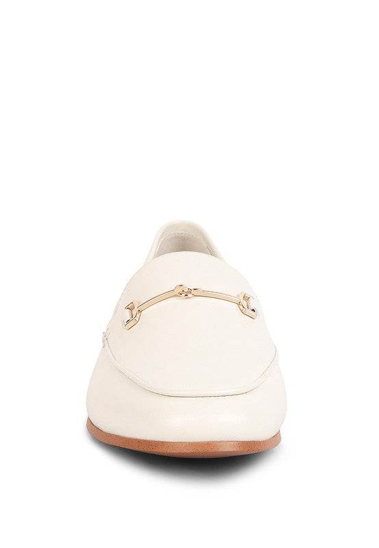 Babe Beachwear women's horsebit loafers in white leather with gold hardware detail and tan sole
